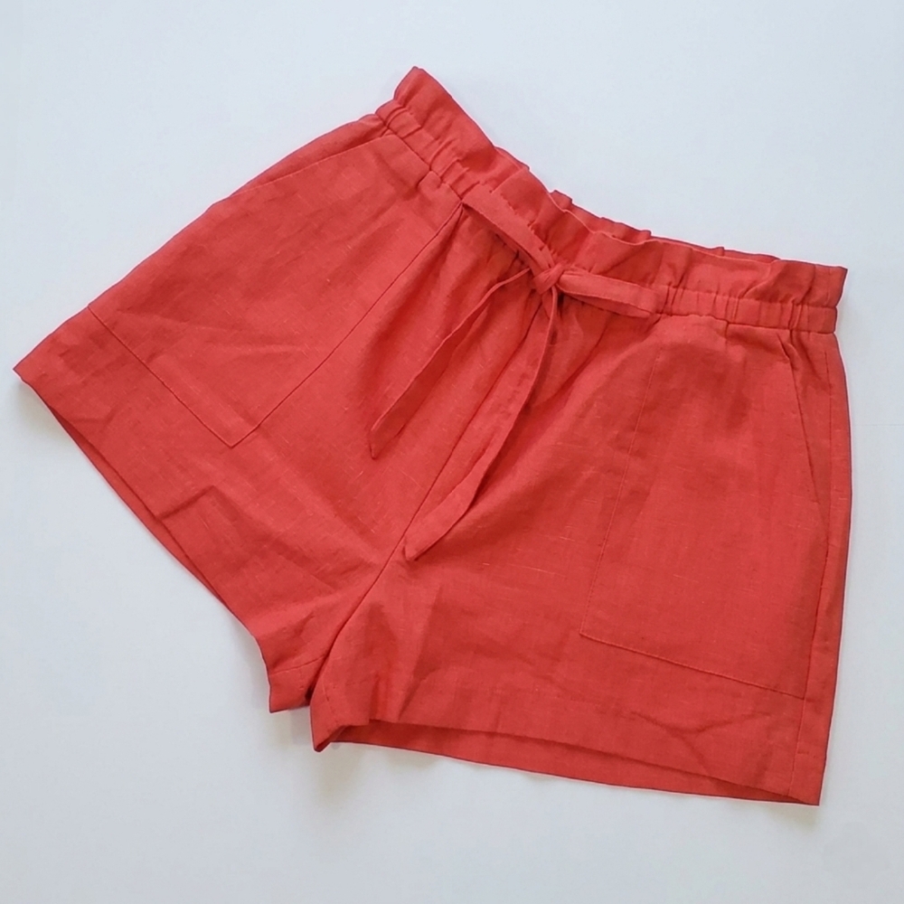 Lush Size L Shorts Cotton Linen Rayon Tie Front Pockets Elastic Waistband Orange